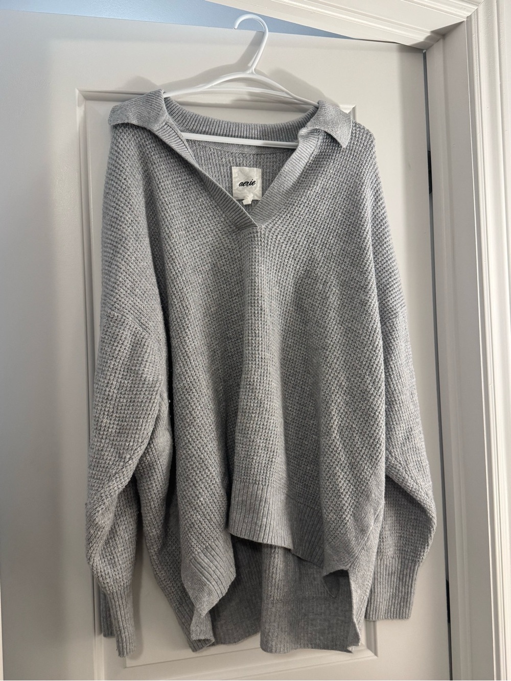 aerie Gray Waffle Knit V-Neck Sweater
